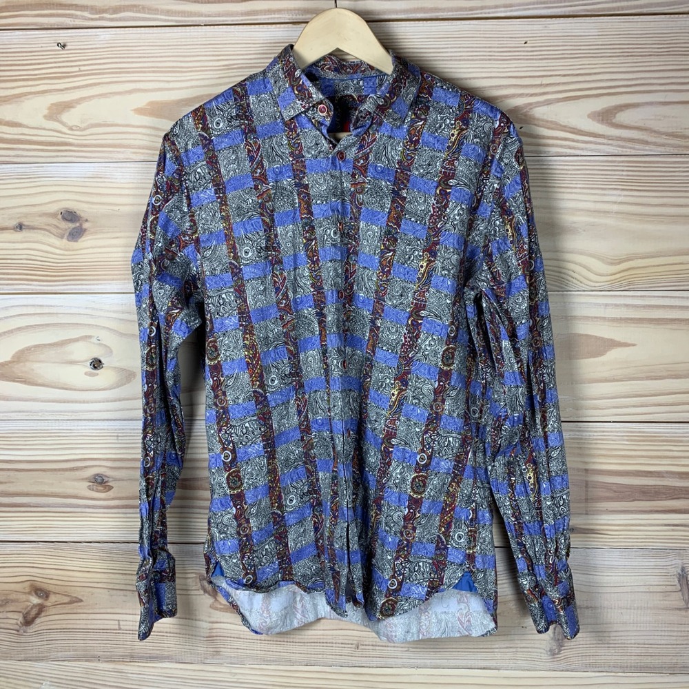 Visconti Black Button Down Men L Blue Paisley Geometric Long Sleeve Cotton Shirt